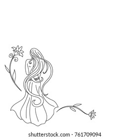 Decorative Black And White Drawing Of Young Woman With Long Brown Hair And Fancy Flowers Standing With Her Back - Vector Illustration Isolated On White Background