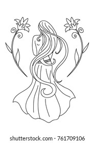 Decorative Black And White Drawing Of Young Woman With Long Brown Hair And Fancy Flowers Standing With Her Back - Vector Illustration Isolated On White Background