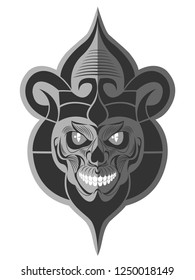 Decorative black and white evil mouse skull with white teeth flat paper memorable art for sticker, tattoo or t-shirt printing