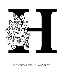 Decorative Black and White Floral Monogram Alphabet H with Flowers, Leaves, and Vines