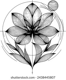 Flor decorativa en blanco y negro, elemento de diseño. Se puede utilizar para tarjetas, invitaciones, banners, carteles, diseño de impresión. Fondo floral en estilo de arte de línea
