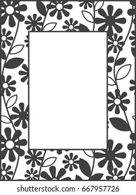 Decorative black and white frame with daisy flower ornament. Modern design for wedding invitations, greeting cards, photo frames, paper, wood laser cutting. Vector illustration.