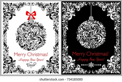 Decorative black and white greeting Christmas card with hanging floral ball and border. Variation