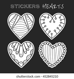 Decorative black and white hearts. Set of stickers on dark background. Vector illustration