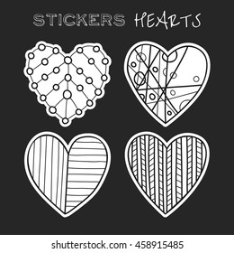 Decorative black and white hearts. Set of stickers on background