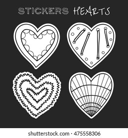Decorative black and white hearts. Set of stickers on background