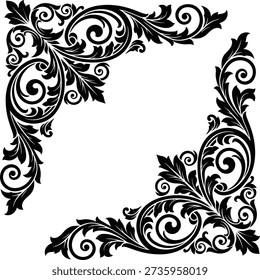 A decorative black and white image featuring an intricate floral border with swirling patterns, leaves, and vines on a plain background