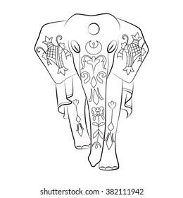 Decorative black and white lineart illustration of Indian elephant with ornaments. Use for t-shirt, poster, cards, tattoo design.