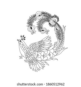 Pájaro mágico blanco y negro decorativo para página adulta de color anti estrés, impresión de camisetas y tatuaje de henna