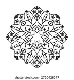Ilustración vectorial decorativa de mandala en blanco y negro con centro en forma de estrella, patrones florales y acentos de corazón. Ornamento simétrico de estilo dibujado a mano perfecto para actividades de atención plena, libros para colorear para adultos, manualidades de bricolaje e invitaciones de bodas bohemias. Líneas de Vector limpias aptas para la impresión de alta calidad y el uso digital.
