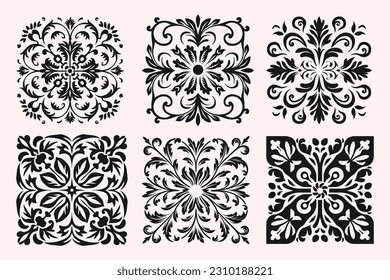 decorative black and white mosaic tile stencil, in the style of ornate baroque, rounded, floral, simple