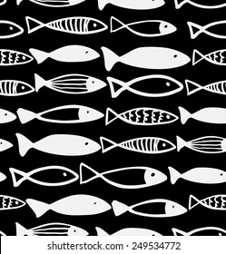 Decorative black and white pattern with fish. Seamless marine background. Grunge fabric texture