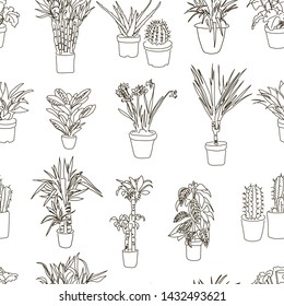 Decorative black and white pattern with a line drawn pot flowers. Endless background with plants and flowers in pots. Indoor flowers. 