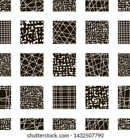 Decorative black and white pattern with textured squares. Endless geometric background. 