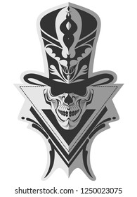 Decorative black and white rockabilly skull in top hat memorable bizarre art for sticker, tattoo or t-shirt printing