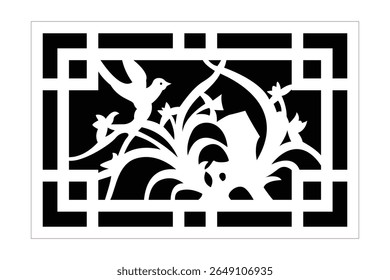 Decorative Black And White Vector Illustration Of Birdhouse And Bird Surrounded By Flowers In Frame
