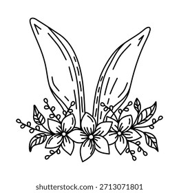 Decorative black and white vector illustration of bunny ears surrounded by floral elements and leaves. A simple yet elegant composition ideal for Easter cards, labels, and spring-themed coloring books