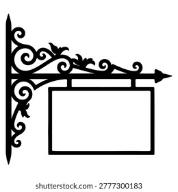 A decorative black wrought iron bracket designed to hold a hanging sign, featuring intricate scrollwork and a blank rectangular sign.