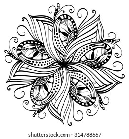 Decorative black-and-white flower with fantasy pattern. Beautiful fairy isolated flower on white background. Contour doodle mandala.