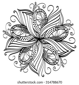 Decorative black-and-white flower with fantasy pattern. Beautiful fairy isolated flower on white background. Contour doodle mandala.