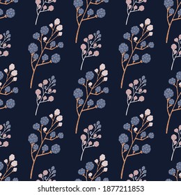 Impresión de arándanos decorativos sin fisuras. Comida de perro ramas frescas sobre fondo azul marino. Perfecto para el diseño de tela, impresión textil, envoltura, cubierta. Ilustración vectorial.
