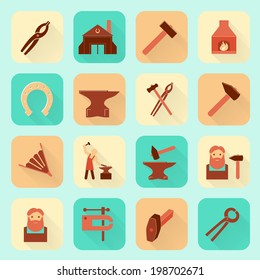 Decorative blacksmith shop anvil fire place molding tools and horseshoe icons collection flat  isolated vector illustration