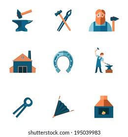 Decorative blacksmith shop anvil steel tongs tools and horseshoe pictograms icons collection flat isolated vector illustration