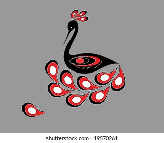 Decorative black-white-red bird. Vector illustration.