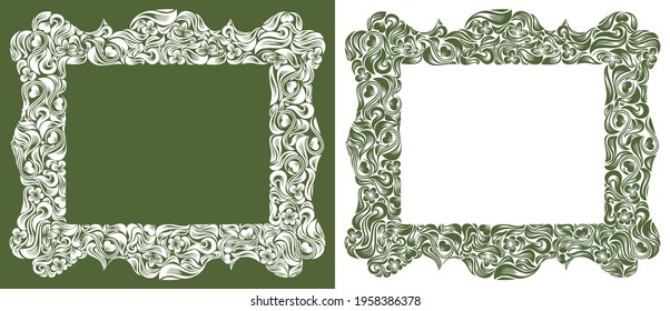 Decorative blank classic style border vector vintage design, floral frame made of leaves and flowers, luxury beautiful background, invitation or greeting card with place for text.