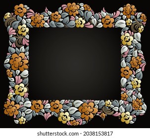 Decorative blank classic style border vector vintage design, floral frame made of leaves and flowers, luxury beautiful background, invitation or greeting card with place for text.