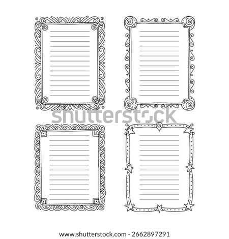 Decorative blank notepaper templates featuring intricate borders for creative writing or note-taking
