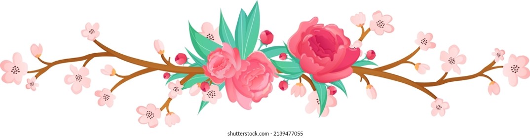 Decorative blooming branch with flowers. Spring design element template.
