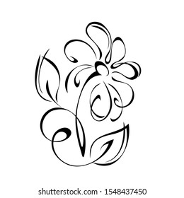 decorative blooming flower on a short stalk with leaves and curls in black lines on a white background