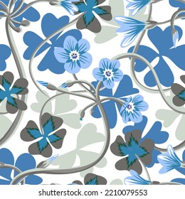 Decorative blooming wildflowers. Summer floral background with daisies silhouettes texture. Bright botanical seamless pattern. Flat simple nature ornament for fabric, textile, wallpaper, any surface.