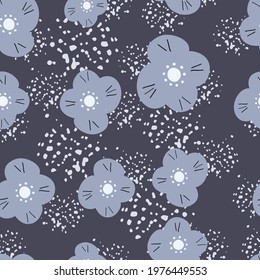 Decorative blossom seamless pattern with random scandi flowers print. Background with splashes. Perfect for fabric design, textile print, wrapping, cover. Vector illustration.