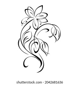 Decorative Blossoming Flower On A Curved Stem With Leaves And Curls In Black Lines On A White Background