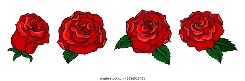 Decorative Blown Red Roses with Petal and Leaves Vector Set