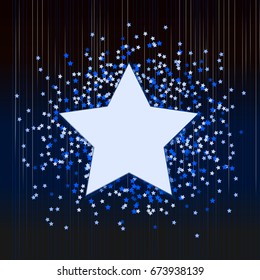 Decorative blue background with confetti from stars. Vector illustration