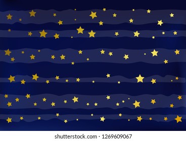 Decorative blue background with white stripes and golden stars for decoration, poster, banner, greeting card, postcard, advertising, packaging, cover