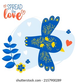 Decorative blue bird with floral pattern and English text Spread love. Vector illustration. Motivational card, valentine, for decor, design and printing, covers and postcards