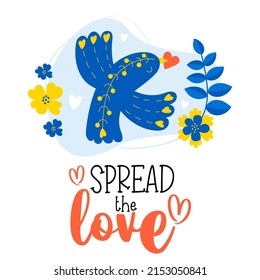 Decorative blue bird with red heart in its beak on background with flowers. Vertical postcard Spread love. Vector illustration for decor, design, decoration and printing, covers and postcards