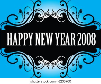 A decorative blue and black banner with Happy New Year--2008!