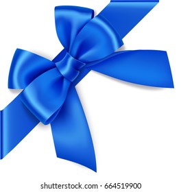 Decorative Blue Bow With Diagonally Ribbon On The Corner. Vector Bow For Page Decor