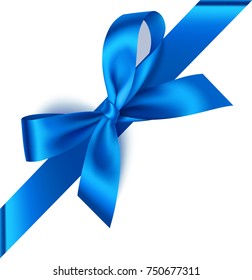 Decorative blue bow with diagonally ribbon on the corner. Vector bow for page decor. Winter decorations