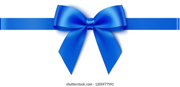 Decorative Blue Bow With Horizontal Ribbon For Gift Decor. Holiday Decoration. Vector Bow And Ribbon Isolated On White