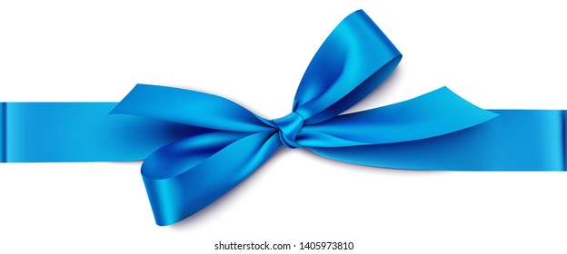 Decorative blue bow with horizontal ribbon for gift decor. Holiday decoration. Vector bow and ribbon isolated on white