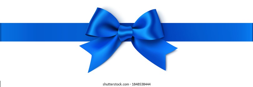 Decorative blue bow with horizontal ribbon isolated on white background. Vector illustration