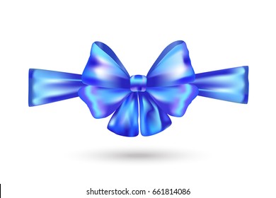 Decorative blue bow with horizontal ribbon. Vector bow for page, gift card, box decor isolated on white. Realistic Shiny blue satin ribbon. 3D