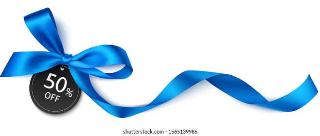 Decorative Blue Bow With Price Tag Isolated On White. Vector Illustration