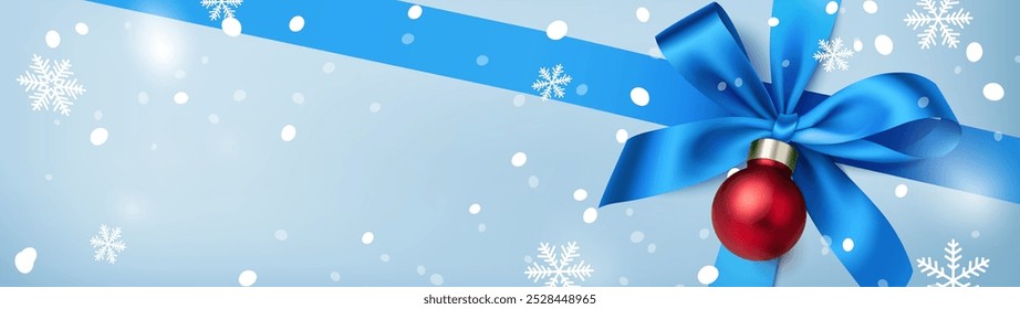 Decorative blue bow and red Christmas ball with diagonal ribbon and falling white snowflakes on winter blue sky background. Beautiful new year decoration for your design. Vector stock illustration.